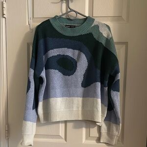 Green and Blue Crew Neck Sweater with Color-Block Design